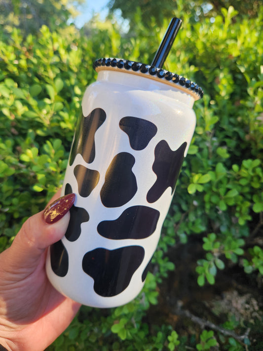 16oz Cow Print White Glass Can Cup