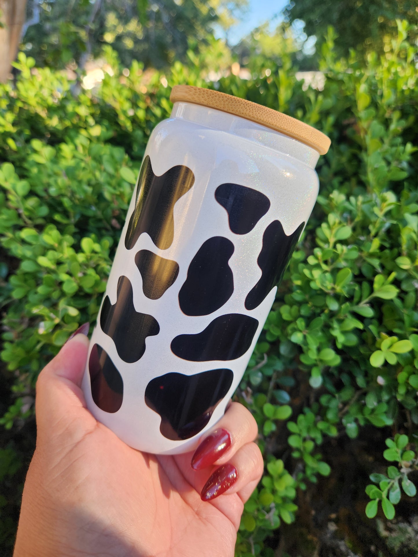 16oz Cow Print White Glass Can Cup