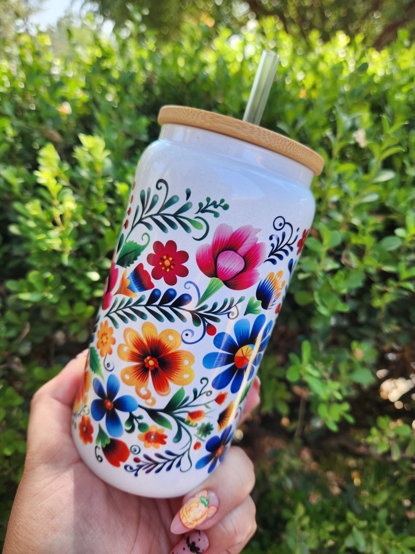 16oz Embroidered Print White Glass Can Cup