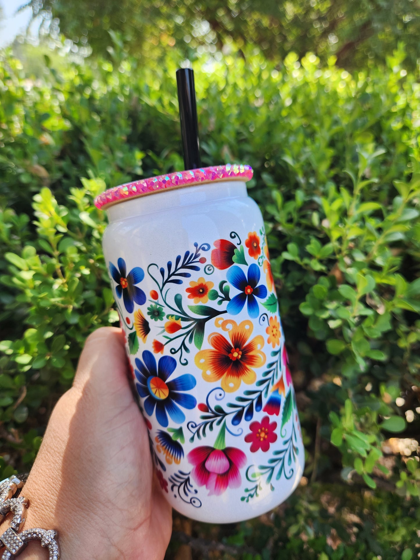 16oz Embroidered Print White Glass Can Cup