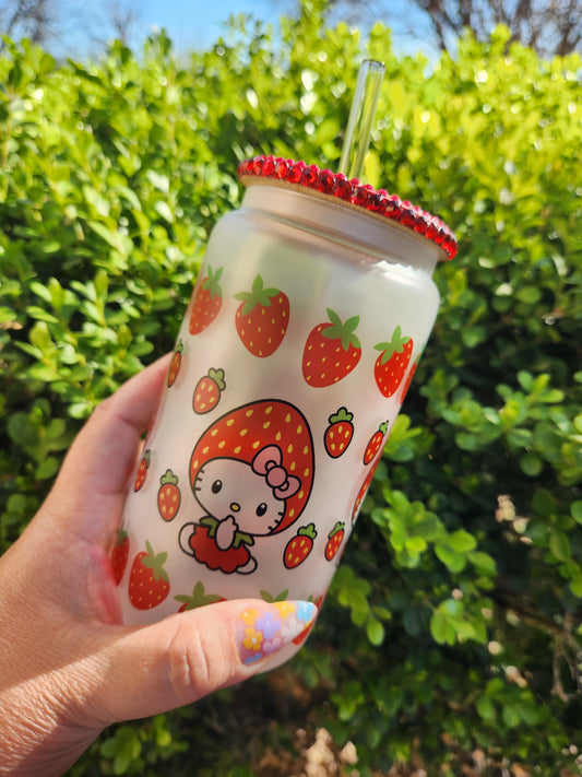 Hello Kitty Strawberry Inspired 16oz Frosted Glass